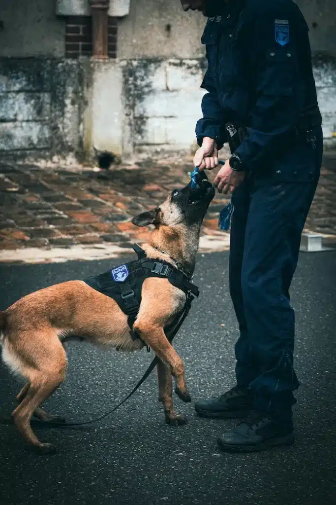 Un maître-chien en uniforme bleu avec son chien en laisse