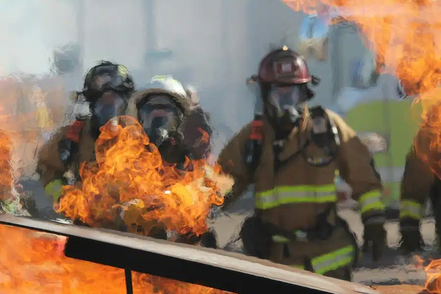 Une photo floue de trois pompiers en uniforme jaune