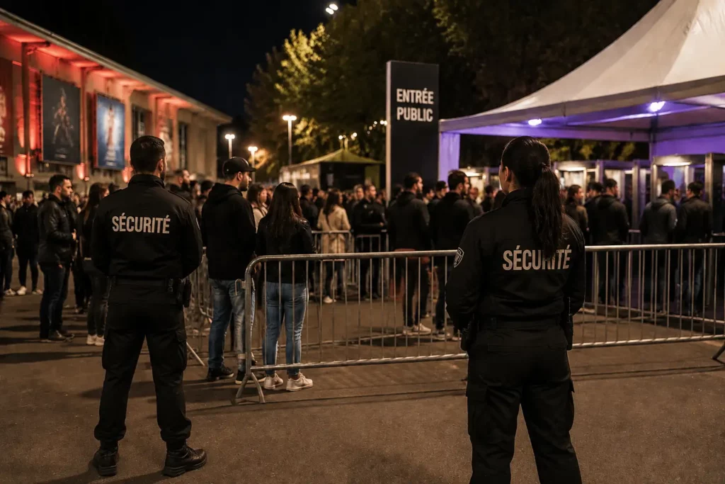 Agents de sécurité en poste devant l'entrée du public d'un événement à Paris