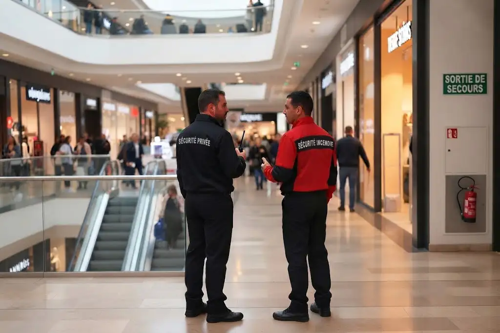 Deux agents de sécurité se tiennent debout et discutent dans l'allée centrale d'un centre commercial moderne à plusieurs niveaux. L'agent de gauche, de dos, porte une veste noire avec l'inscription "SÉCURITÉ PRIVÉE". L'agent de droite, de profil, porte une veste rouge avec l'inscription "SÉCURITÉ INCENDIE". Un extincteur mural est visible à droite.