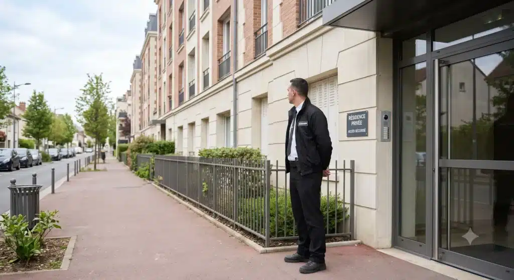 Un agent de sécurité en uniforme noir de dos, debout devant une plaque 'RÉSIDENCE PRIVÉE', surveillant l'entrée du bâtiment